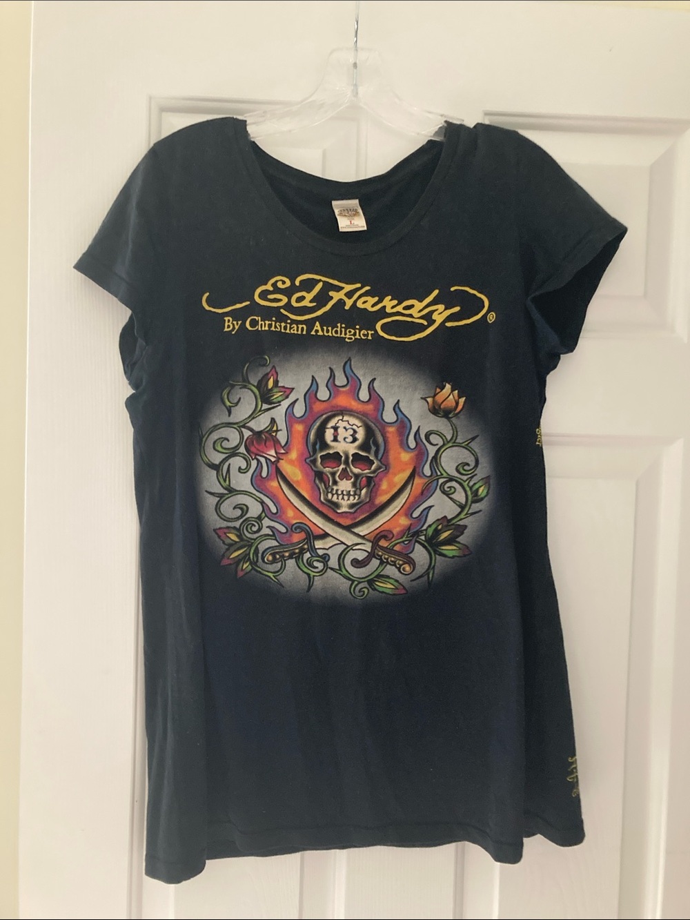 Ed Hardy Black Tee with Multicolor Skull & Flame Graphic Y2K